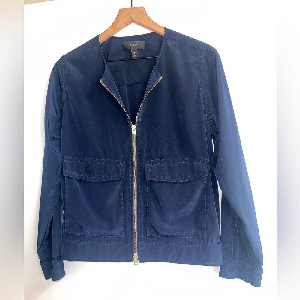 J. CREW silky navy blue utility bomber jacket, gold zipper, size small